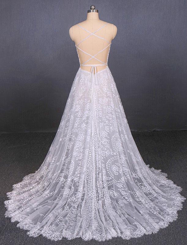 Spaghetti Straps V Neck Lace Off White Wedding Dresses with Criss Cross Bridal Dresses SJS15422