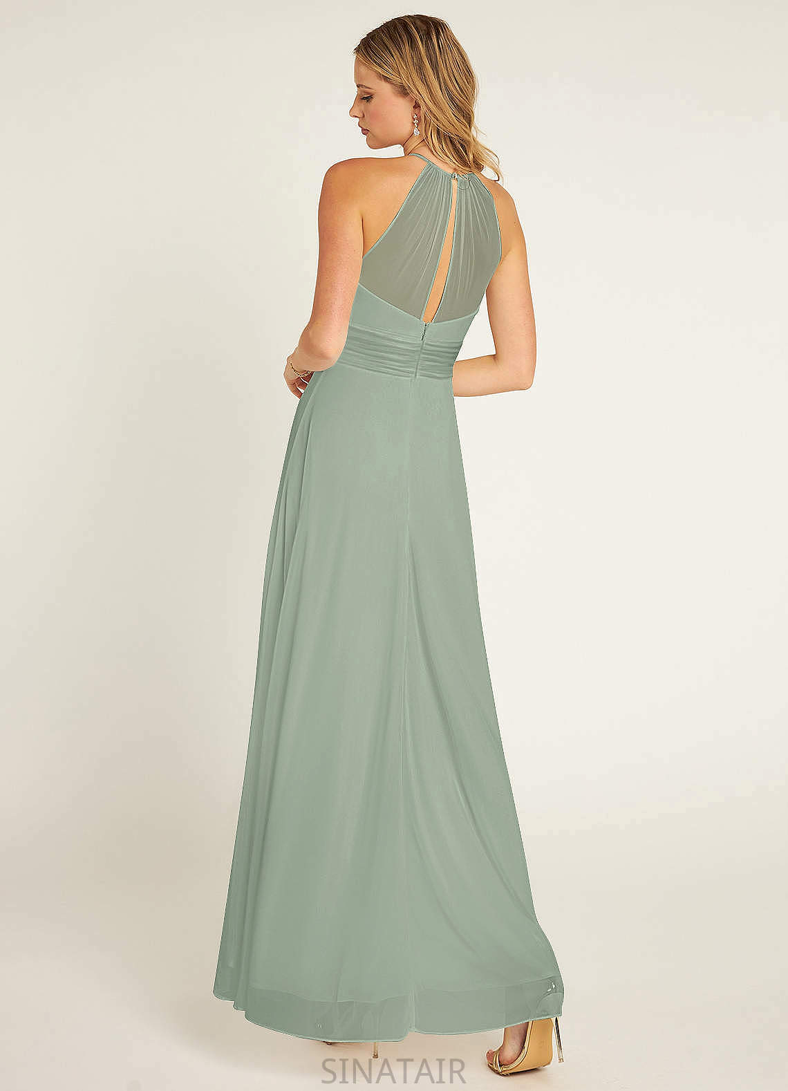 Regan Sleeveless Floor Length Stretch Satin Halter Natural Waist Sheath/Column Bridesmaid Dresses