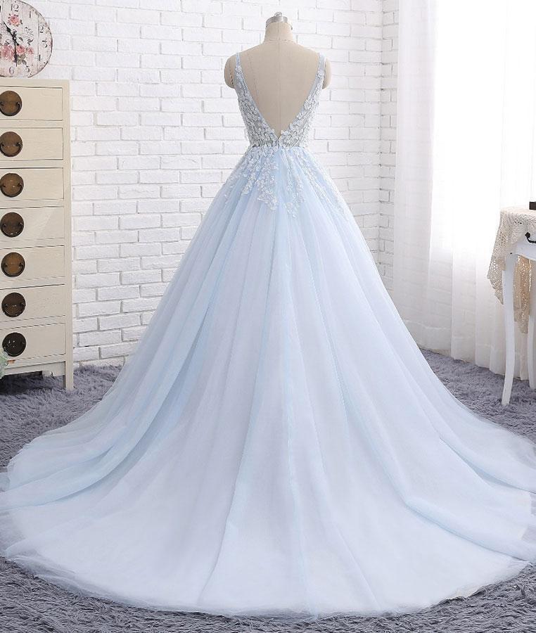 Sexy Ball Gown Tulle Sky Blue V-neck Appliques Brush Train Long Sleeveless Prom Dresses