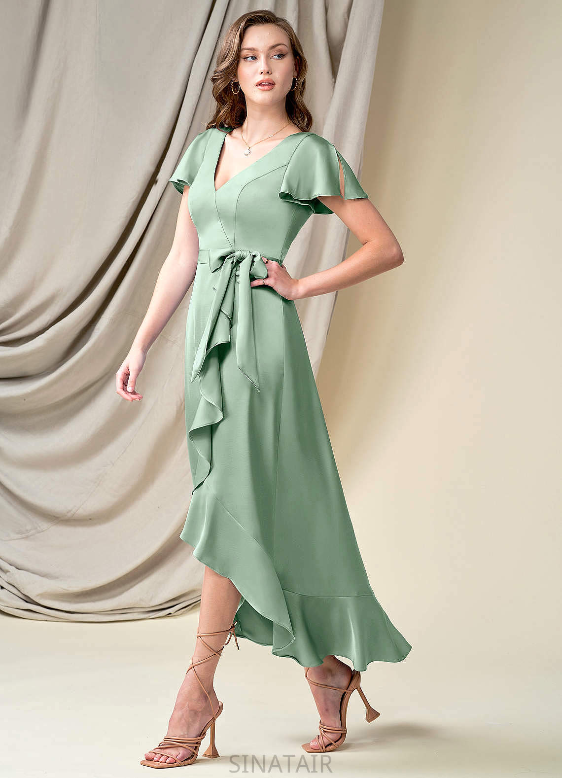 Emilie V-Neck Short Sleeves A-Line/Princess Floor Length Natural Waist Bridesmaid Dresses