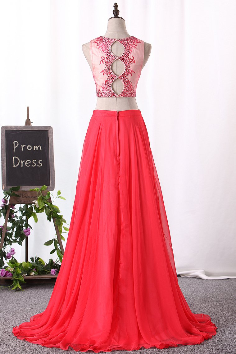 Two Pieces Prom Dresses Chiffon V Neck A Line With Beads And Applique