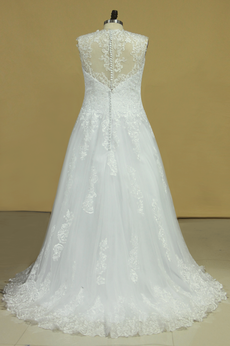 Plus Size A Line V Neck Wedding Dresses Tulle With Applique Court Train