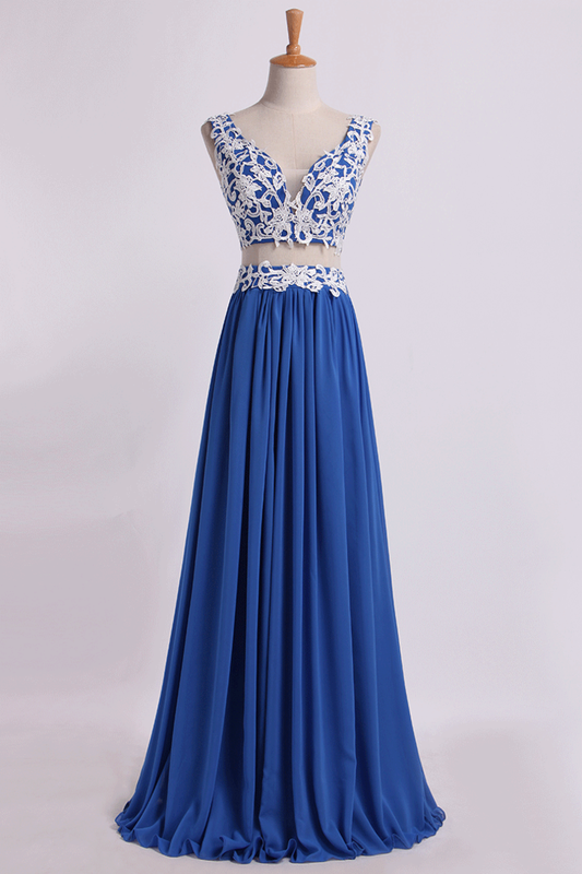 2024 Two Pieces A Line Prom Dresses Chiffon Floor Length With Applique