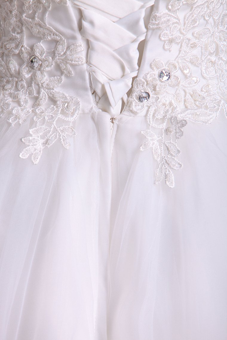 High Neck A Line Wedding Dresses Tulle With Applique & Beads