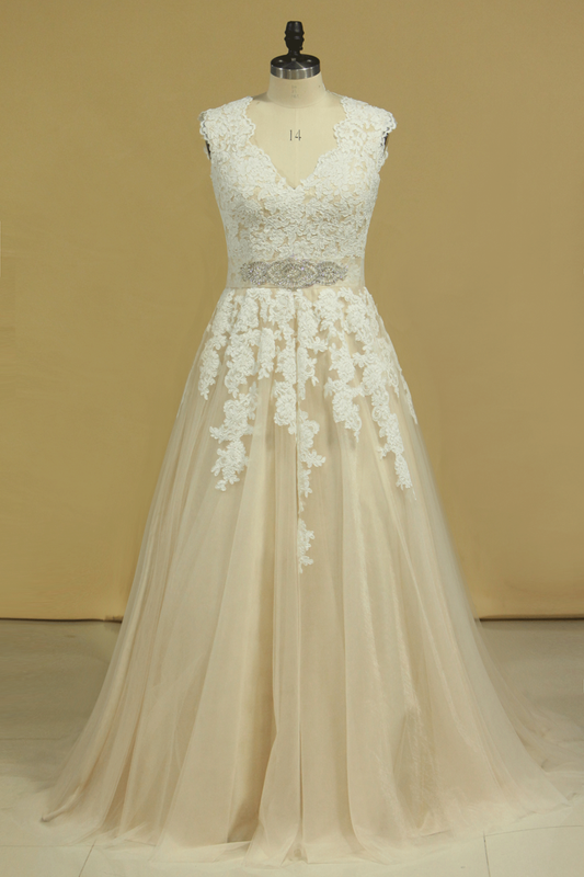 Plus Size V Neck Wedding Dresses Tulle With Applique Court Train Tulle