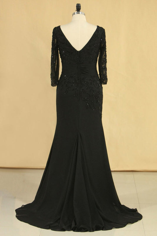 Black Mother Of The Bride Dresses V Neck Chiffon With Beads 3/4 Length Sleeve