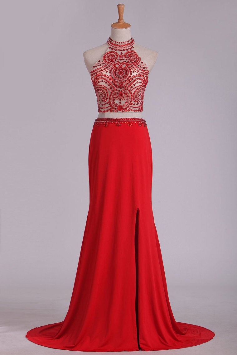 Prom Dresses See-Through High Neck Two Pieces Spandex With Slit And Beading