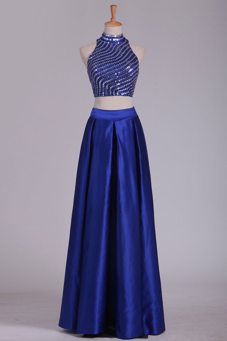 2024 Two Pieces Prom Dresses High Neck Satin With Rhinestones And Slit