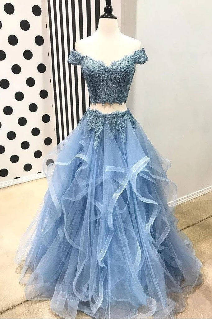 Blue Off the Shoulder Two Pieces Tulle Beads Prom Dresses with Lace Appliques SRS15500