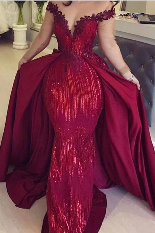 Mermaid Off the Shoulder Burgundy Long Sleeves V Neck Prom Dresses with Detachable Train SRS15263