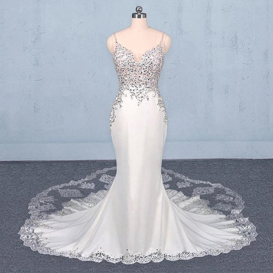 Spaghetti Straps Mermaid Wedding Dress with Lace, V-neck Wedding Dresses SJS15418