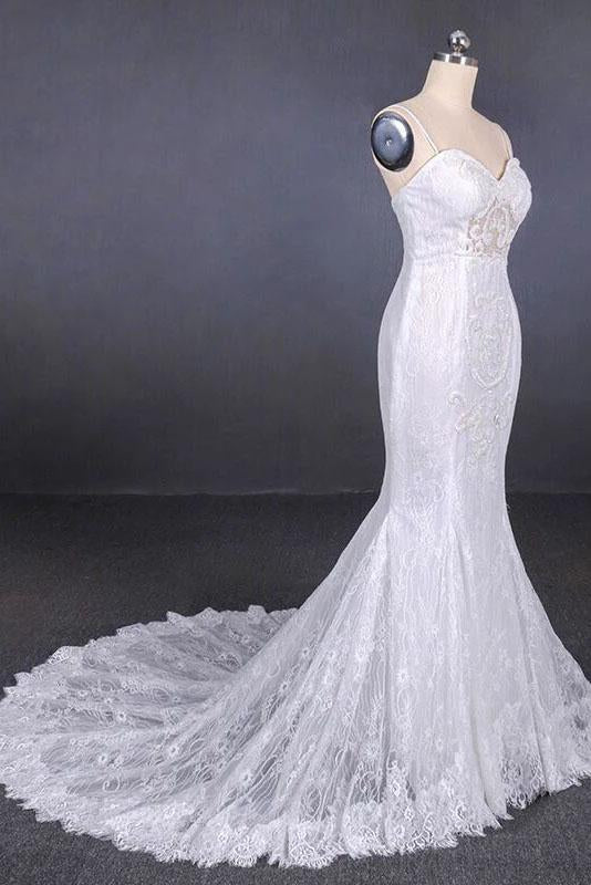 Charming Mermaid Spaghetti Straps Ivory Sweetheart Wedding Dresses with Applique SJS15109