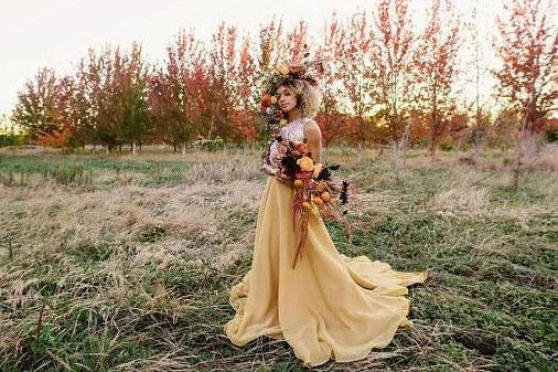 Chic Two Pieces Yellow Long Country Wedding Dresses With Lace, Cheap Prom Dresses SJS15508