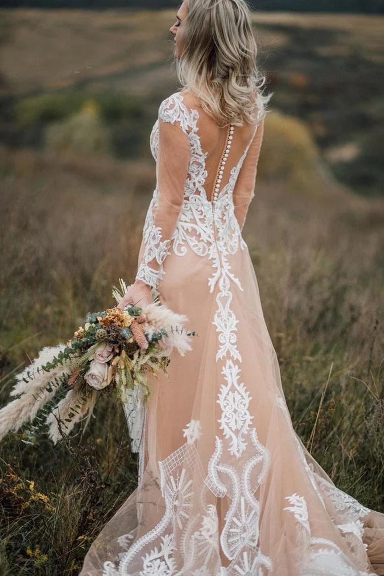 Long Sleeves Boho Wedding Dress With Appliques Mermaid SJSP22A7X4E