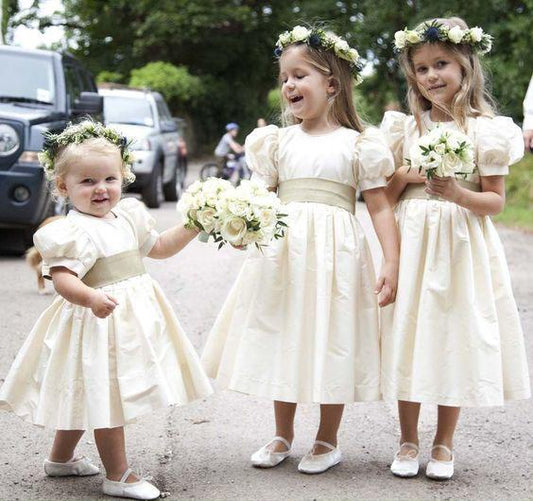 Vintage Juliet Sleeves Tea Length Round Neck Satin Flower Girl Dresses, Little Dresses SJS15606