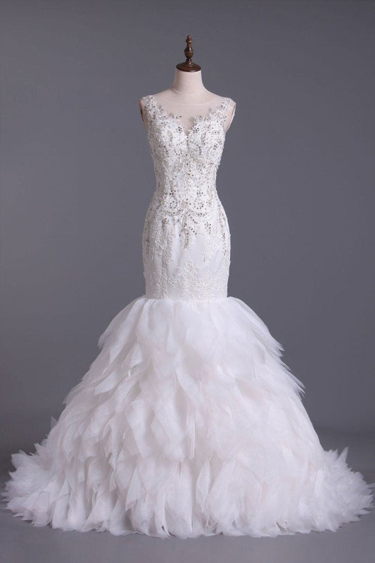 Wedding Dresses Bateau Mermaid Tulle With Applique & Beads