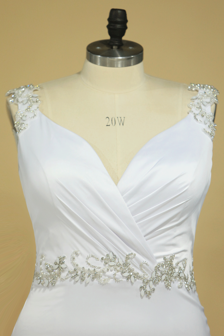 Plus Size Wedding Dresses A Line V Neck Open Back With Beading Stretch Satin