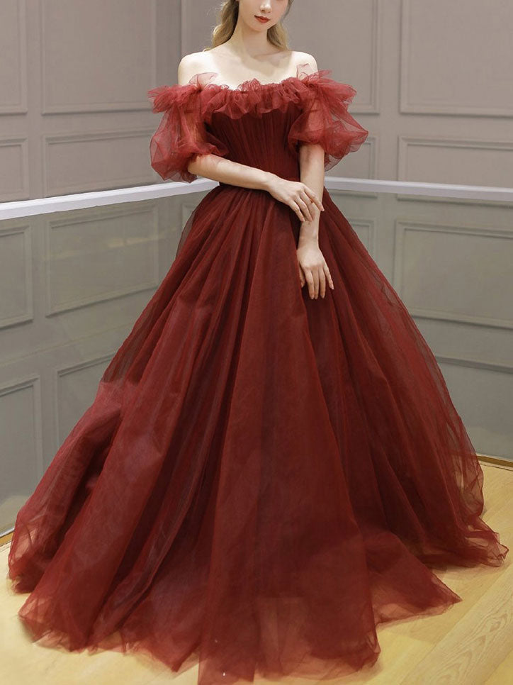 Burgundy Off Shoulder A Line Formal Evening Dresses Tulle Long Prom Dresses