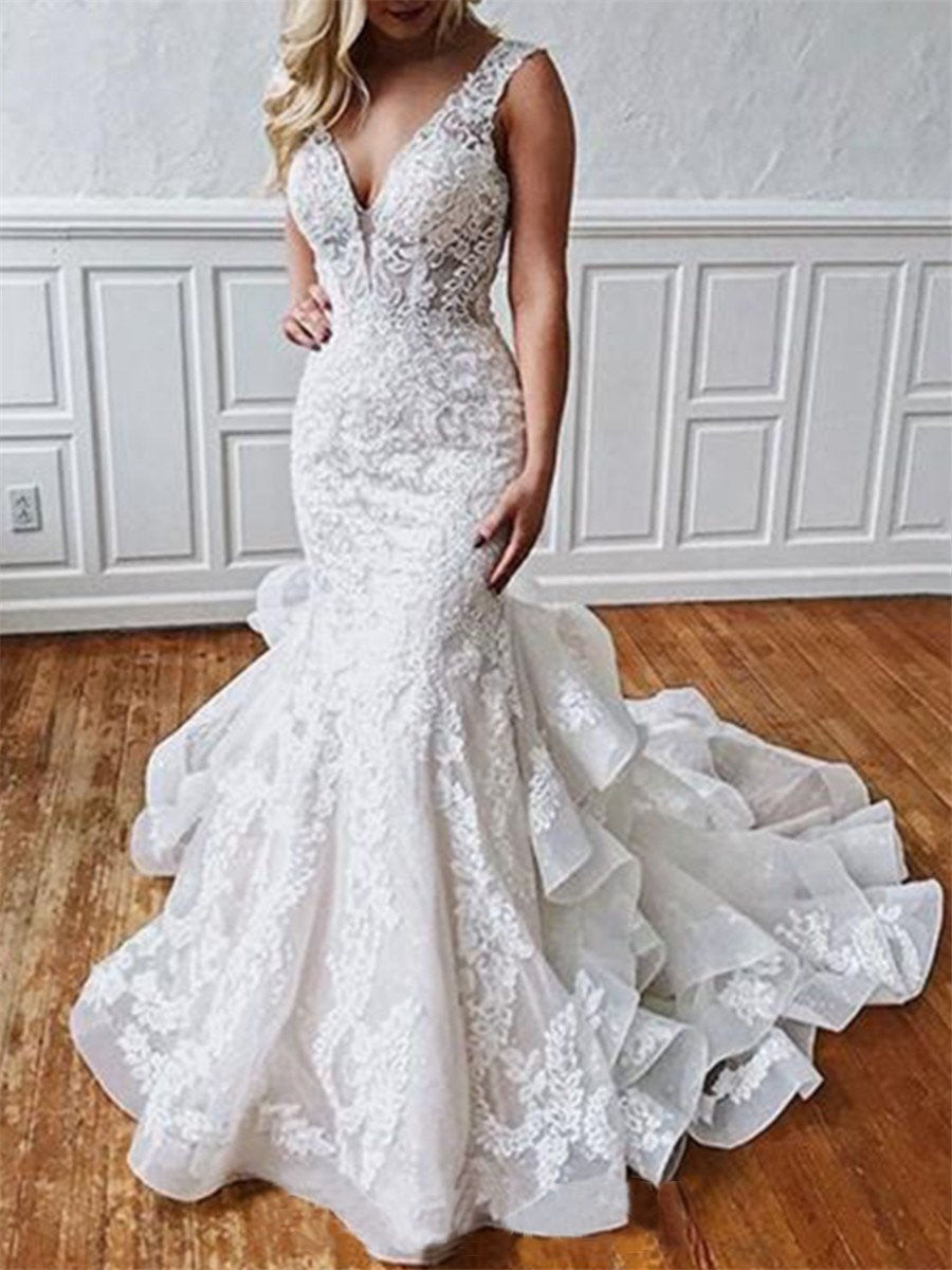 Stunning Mermaid Lace V Neck Backless Wedding Dresses Straps Wedding Gowns SJS15438