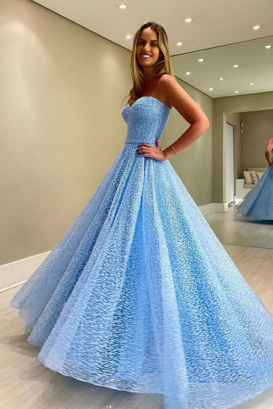 Sky Blue A-Line Lace Strapless Sweetheart Formal Evening Dresses Long Prom Dresses