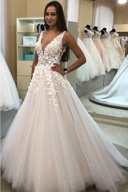 A Line V-neck Long Tulle Wedding Dress with Appliques, Cheap Bridal Dresses SJS15045