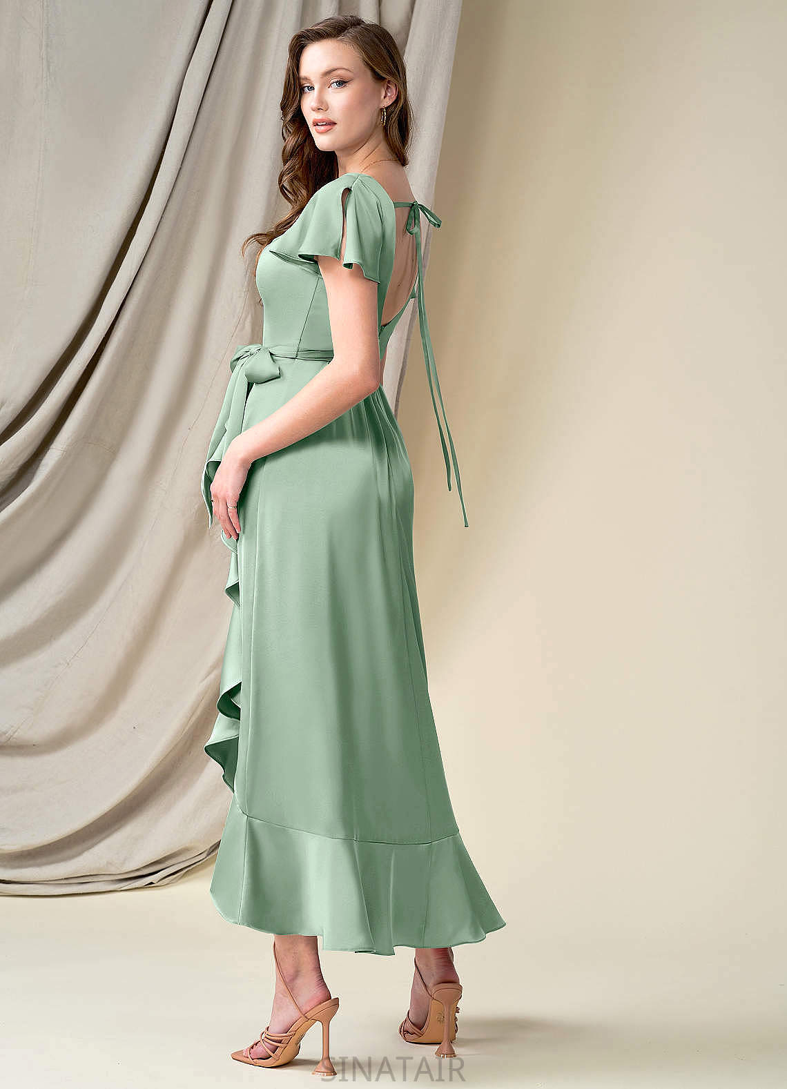 Emilie V-Neck Short Sleeves A-Line/Princess Floor Length Natural Waist Bridesmaid Dresses