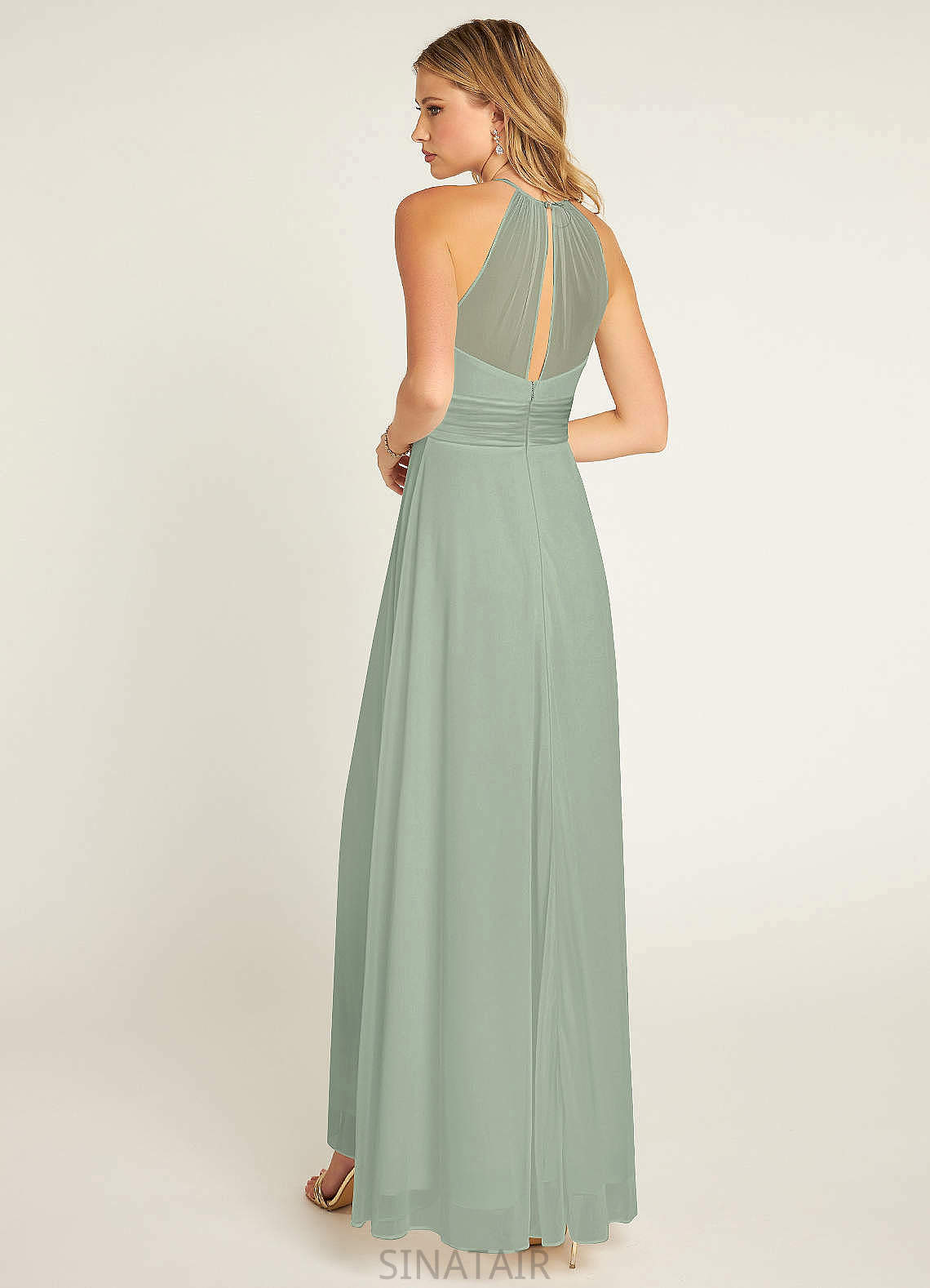 Regan Sleeveless Floor Length Stretch Satin Halter Natural Waist Sheath/Column Bridesmaid Dresses