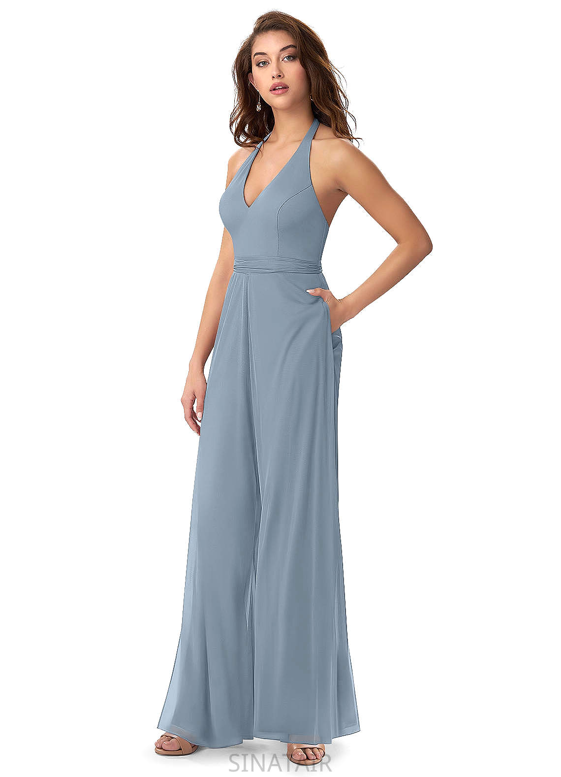 Janessa Taffeta V-Neck Floor Length Short Sleeves A-Line/Princess Natural Waist Bridesmaid Dresses