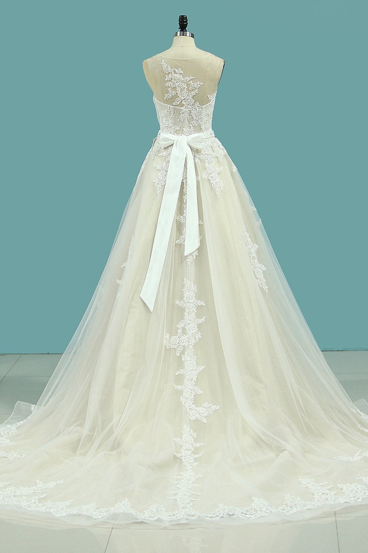 Chapel Train Wedding Dresses Bateau Tulle With Applique And Sash A Line