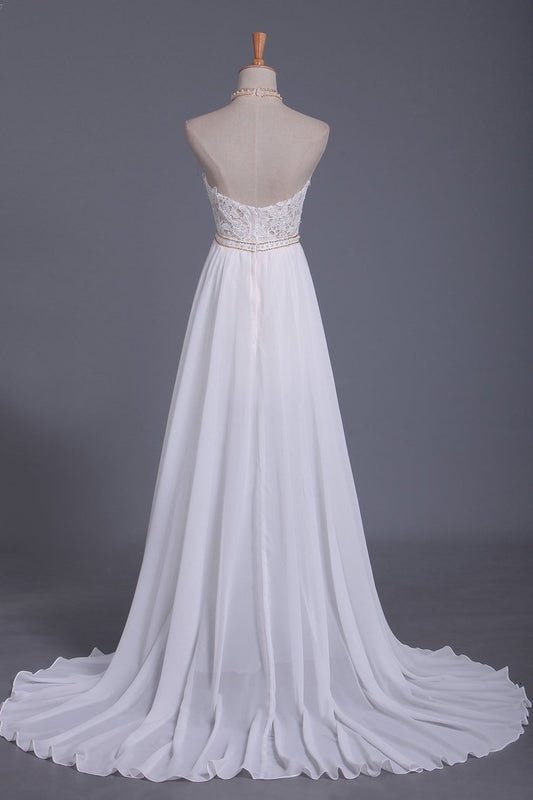 Halter A Line Wedding Dresses Chiffon With Applique