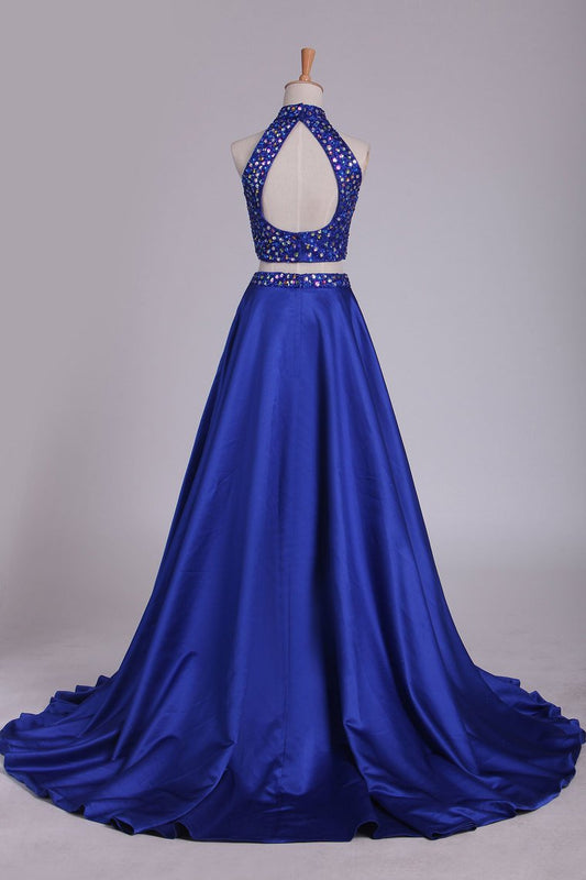 Two Pieces High Neck Prom Dresses A Line Beaded Bodice Satin Dark Royal Blue