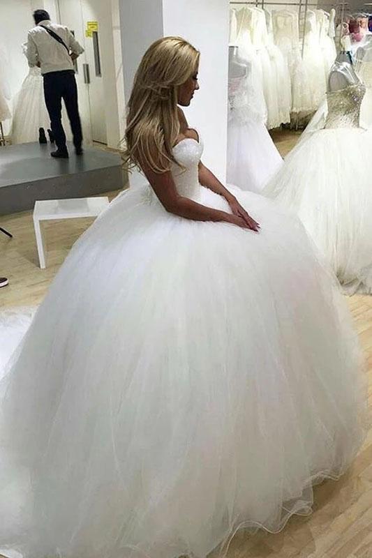 Sparkly Ball Gown Tulle Strapless Ivory Wedding Dresses, Long Bridal Dresses SJS15429