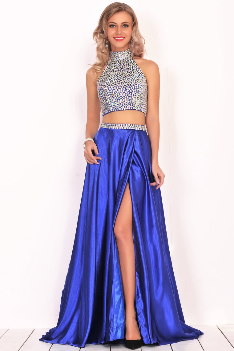 Prom Dresses A Line Two Pieces With Rhinestones Stretch Satin