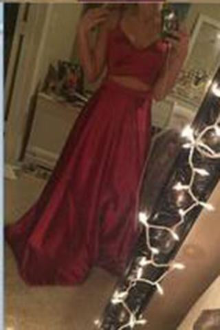 Two Piece Straps Long Prom Dress Evening Dress Spaghetti Straps Wine Red Prom Dresses