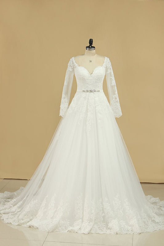 A Line Long Sleeves Wedding Dresses Tulle With Applique And Sash Sweep Train