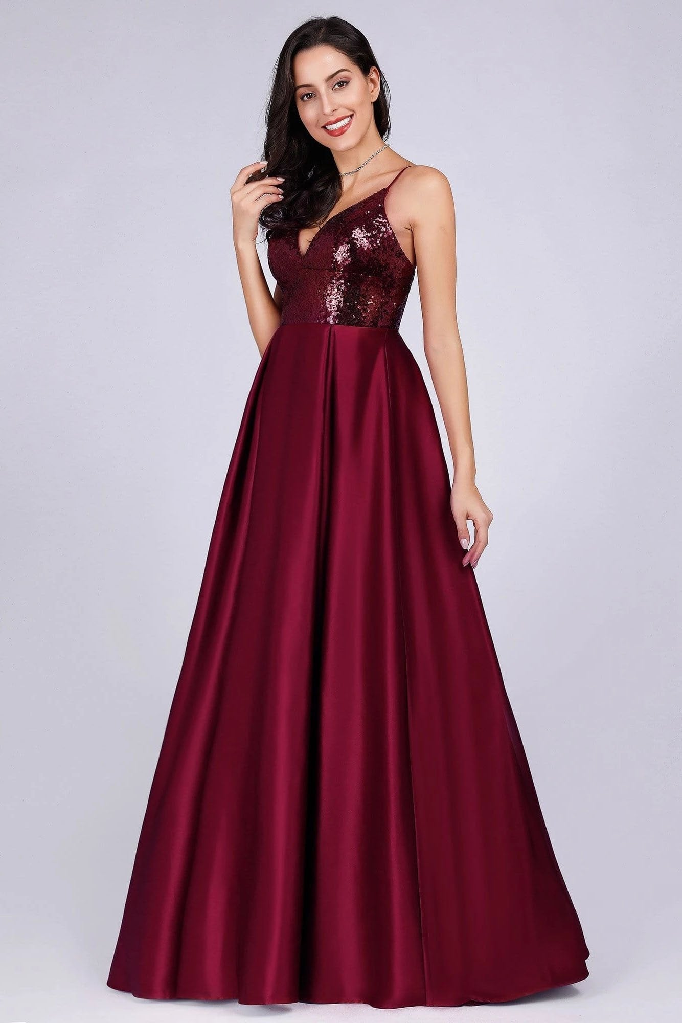 Deep V Neck Long Sleeveless Spaghetti Straps Burgundy Satin Evening Prom Dresses SRS15140