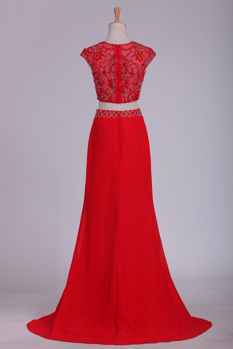 Two Pieces Scoop Prom Dresses Column Chiffon With Slit And Beads