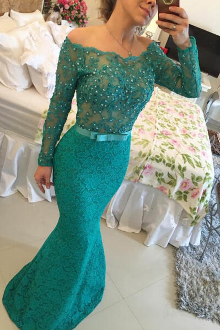 2024 Long Sleeves Boat Neck Prom Dresses Mermaid Lace With Sash And Beads