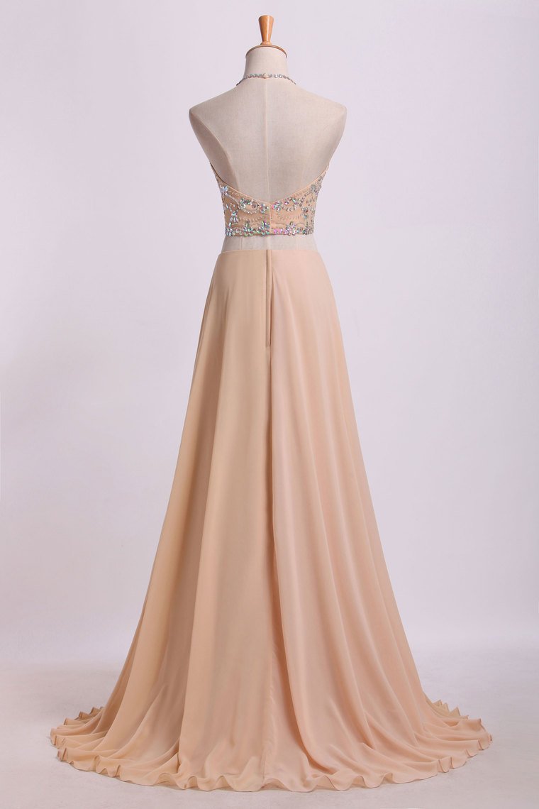 Sexy Prom Dresses Halter Two Pieces A Line With Flowing Chiffon Skirt Beaded