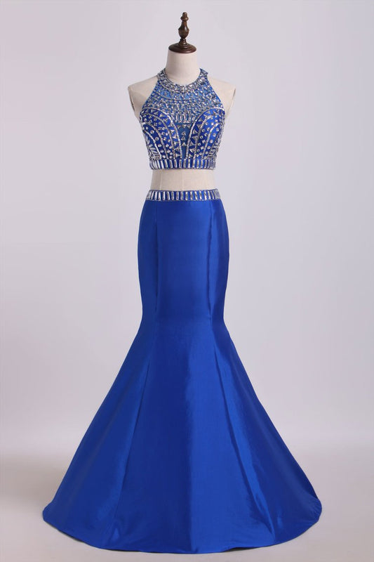 2024 Two Pieces High Neck Mermaid Prom Dresses With Beads