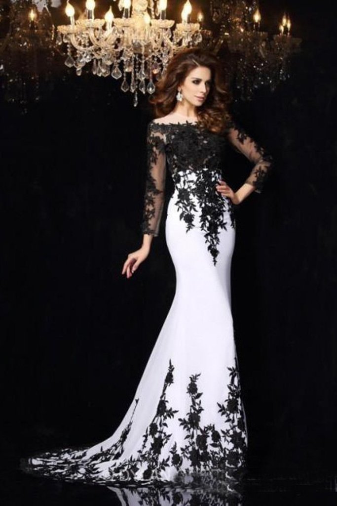 Elegant White Black Lace Appliques Mermaid Long Sleeves Satin Prom Dresses UK JS516