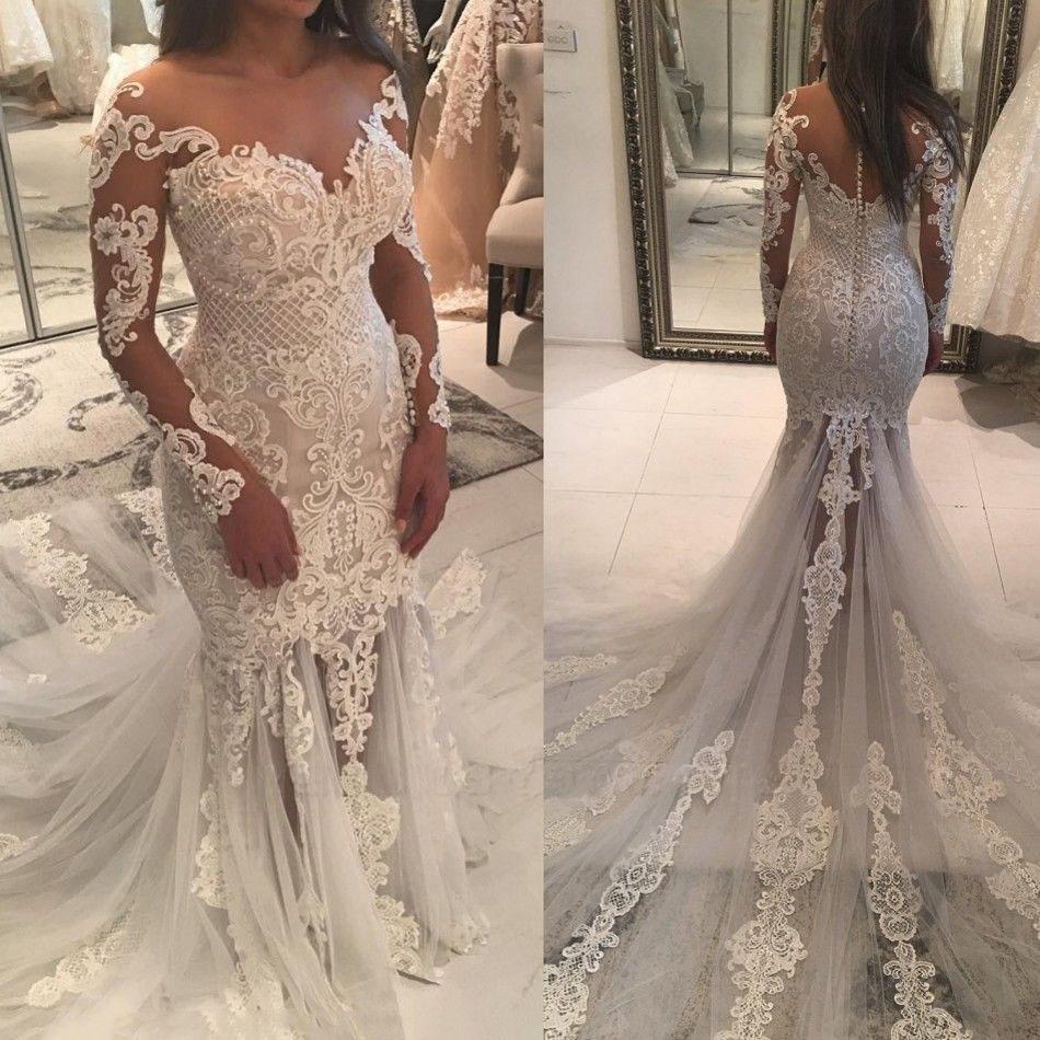 Long Sleeve Sparkly Mermaid V Neck Beads Wedding Dresses With Applique SJS15249