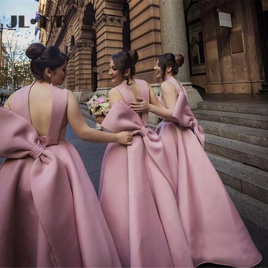 Ball Gown High Neck Satin V Neck Bridesmaid Dresses with Bowknot, Wedding Party Dress SJS15559