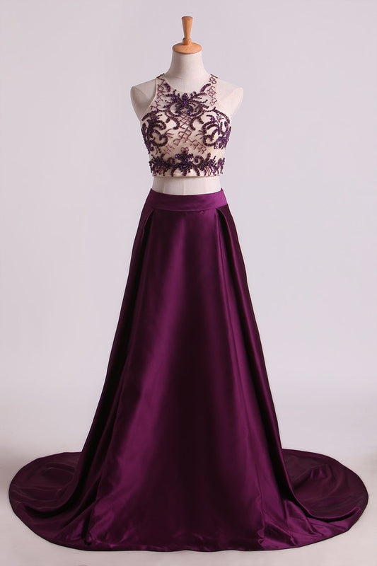 Two Pieces A Line Scoop Beaded Bodice Prom Dresses Satin & Tulle Sweep Train Grape