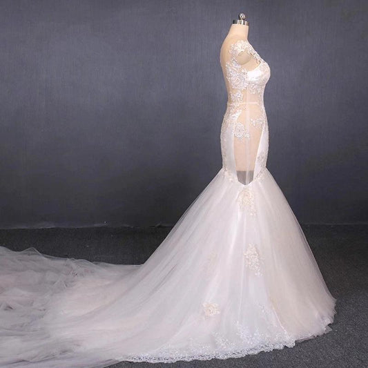 Charming Mermaid Tulle V-neck Wedding Dress, Sheer Back Long Bridal Dresses SJS15112