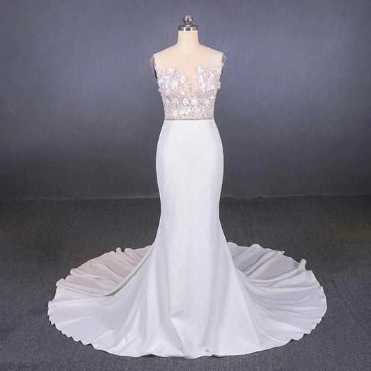 Mermaid Sheer Neck Mermaid Long Wedding Dress with Appliques, Wedding Gowns SJS15265