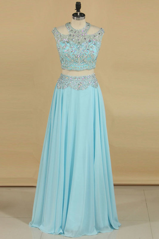 2024 A Line Prom Dresses Two Pieces Scoop Beaded Bodice Chiffon Sweep Train Open Back