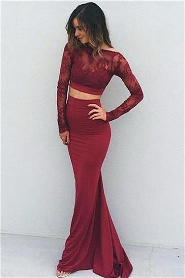 Burgundy Sexy Two Pieces Charming Backless Lace Long Sleeves Evening Dresses