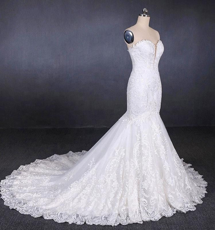 Charming Strapless Sweetheart Mermaid Lace Appliques White Wedding Dresses SJS15128