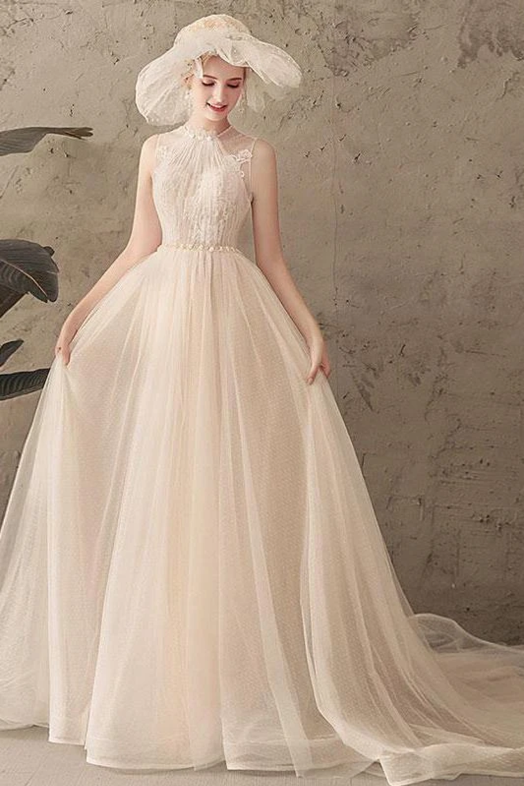 Ivory Jewel Sleeveless Tulle Wedding Dress With Lace A Line Pleats Open Back Bridal SJSPXNMNP57